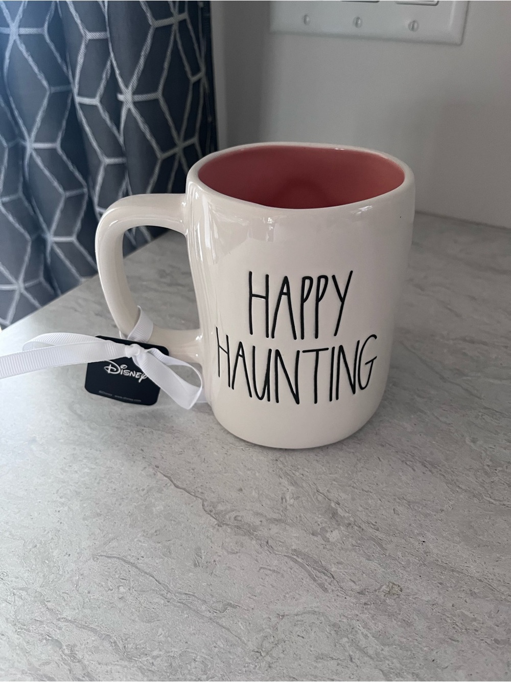 Rae Dunn Disney "Happy Haunting" White Ceramic Mug with Pink Interior